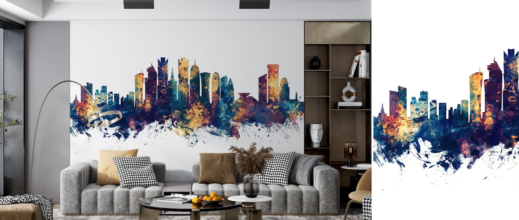 Doha Qatar cityscape skyline mural wallpaper designed in bold blue and bronze tones, suited for living rooms, offices, or creative interiors. It creates refined spaces enriched with decorative artistry, metropolitan refinement, and cultural inspiration, o