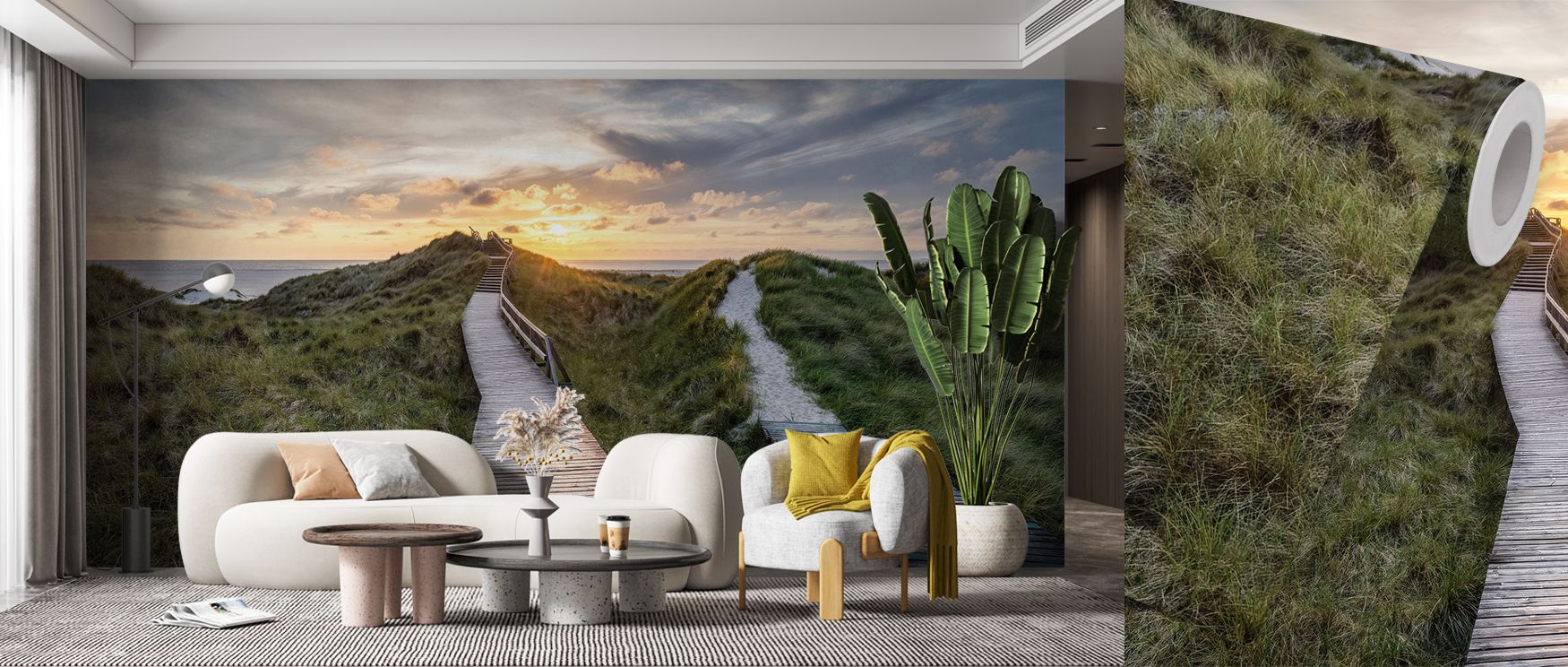 Double boardwalk mural wallpaper rendered in serene hues, suited for bedrooms, living rooms, or studies. It creates refined interiors enriched with natural artistry, decorative refinement, and calm charm, offering stylish homes peaceful atmospheres filled