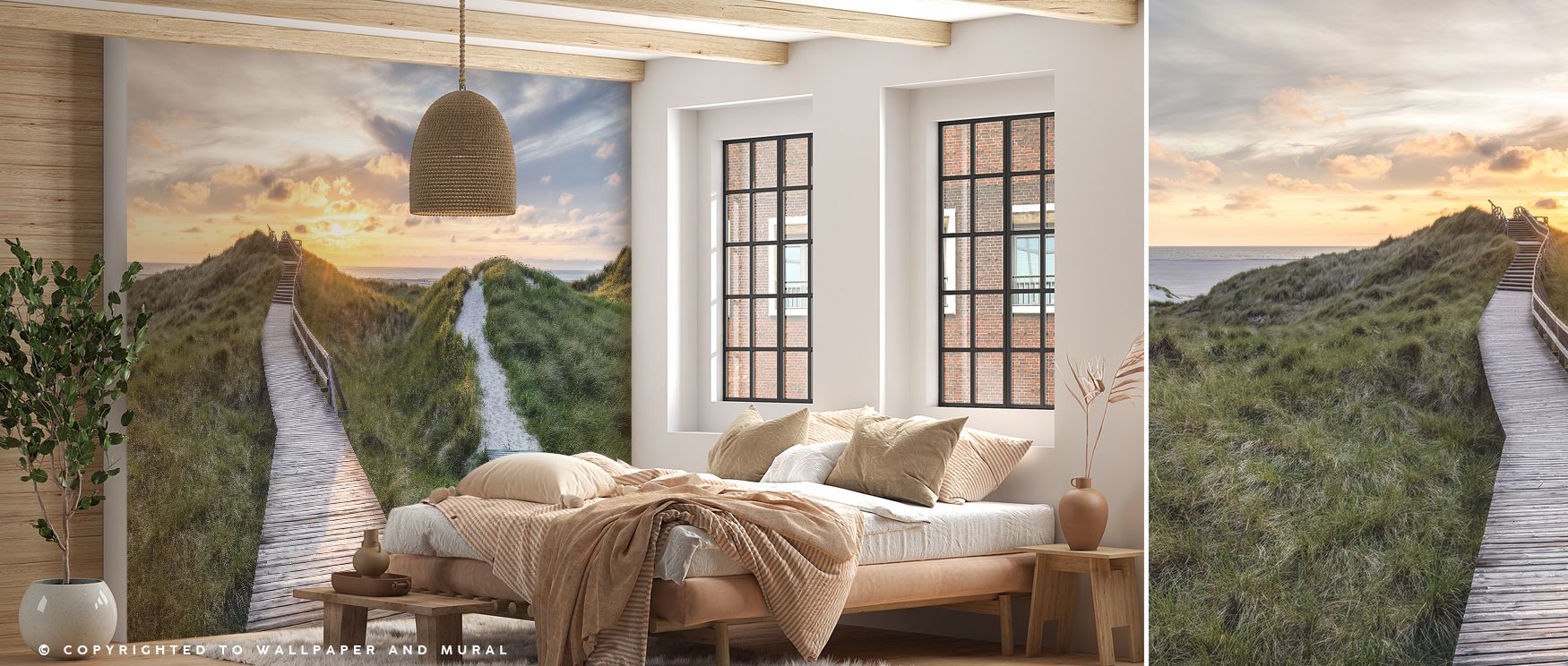 Scenic double boardwalk mural wallpaper designed in muted tones, ideal for bedrooms, lounges, or studies. It transforms interiors with decorative refinement, natural artistry, and serene balance, creating stylish atmospheres enriched with calm inspiration
