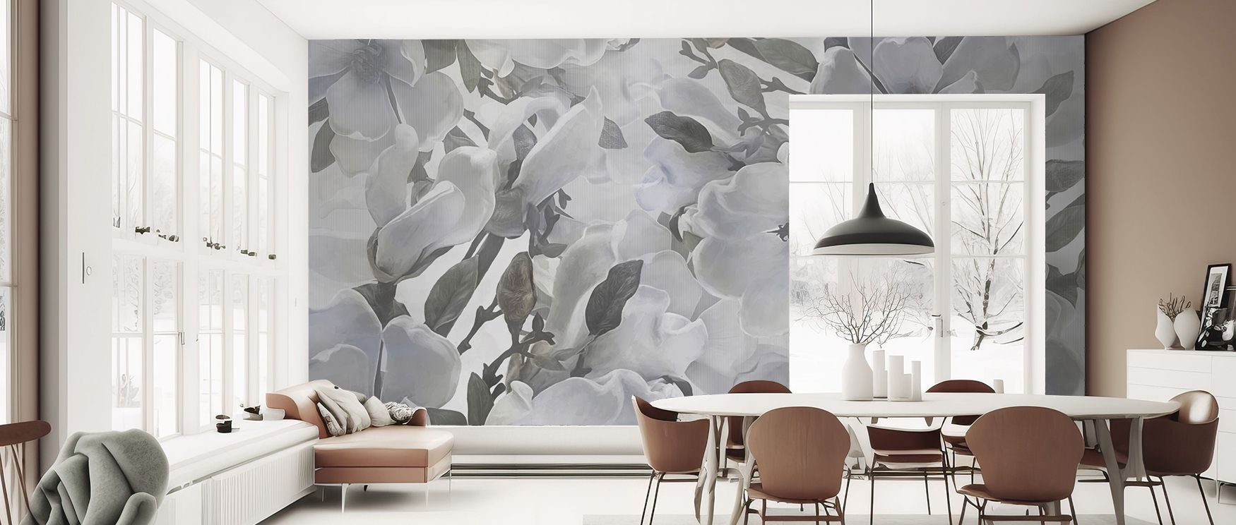A mural wallpaper capturing magnolia blossoms in soft blue tones, perfect for bedrooms, living spaces, or creative interiors. It enriches interiors with decorative refinement, floral artistry, and calm balance, creating stylish spaces filled with serenity