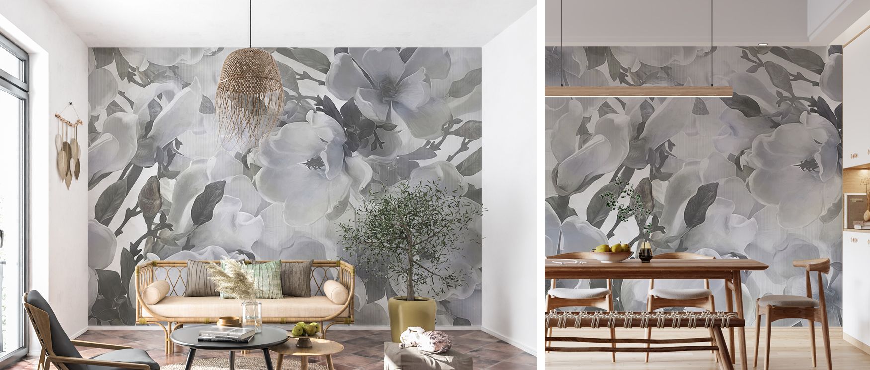 A mural wallpaper showcasing small magnolia blossoms in soft blue artistry, perfect for bedrooms, lounges, or dining areas. It enriches interiors with decorative refinement, floral inspiration, and calming charm, creating stylish spaces filled with timele