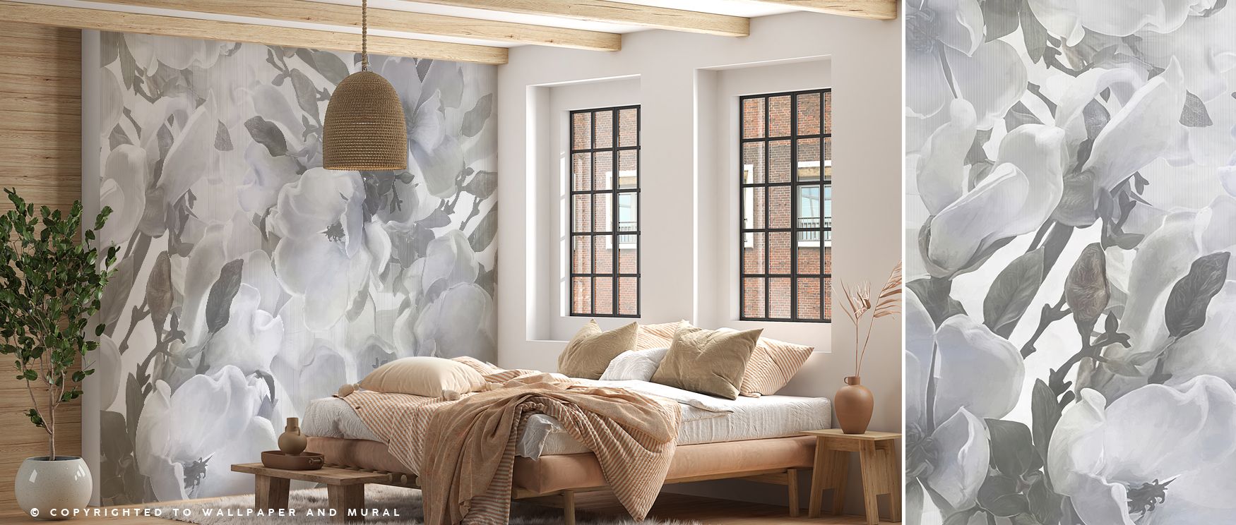 Magnolia floral mural wallpaper designed with small blossoms in delicate tones, ideal for bedrooms, living rooms, or dining rooms. It transforms interiors with decorative refinement, floral artistry, and calm charm, creating refined spaces enriched with t