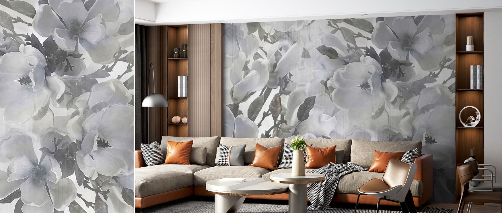 A floral mural wallpaper featuring magnolia blossoms in soft hues, perfect for bedrooms, creative interiors, or dining areas. It enriches interiors with decorative refinement, floral artistry, and calming charm, creating stylish atmospheres filled with el