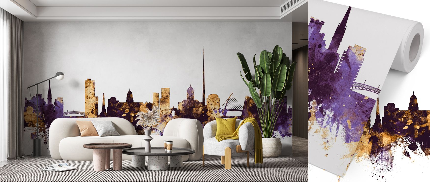 Dublin skyline mural wallpaper rendered in purple and gold artistry, suited for bedrooms, living rooms, or creative areas. It creates refined interiors enriched with decorative artistry, cultural charm, and metropolitan presence, offering stylish homes st