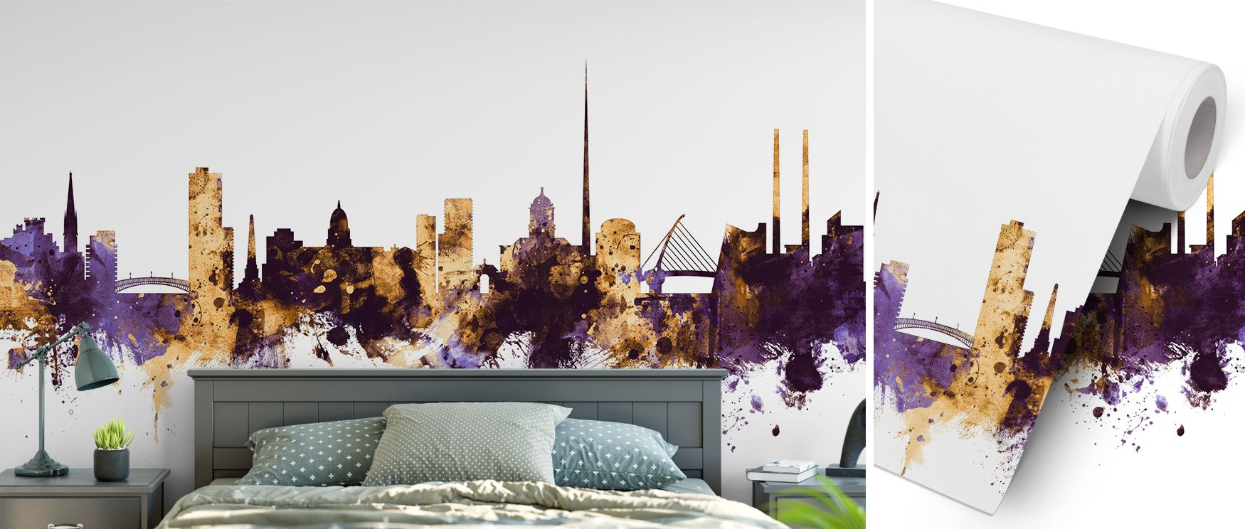 A mural wallpaper showcasing Dublin skyline cityscape in regal tones, ideal for bedrooms, dining areas, or lounges. It enhances interiors with decorative refinement, historic charm, and metropolitan artistry, creating stylish atmospheres enriched with cul