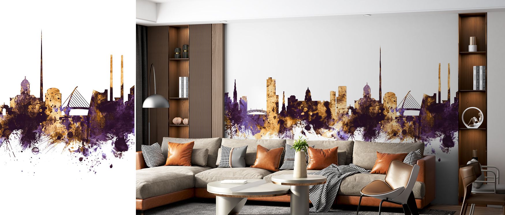 A mural wallpaper featuring Dublin skyline cityscape in regal tones, perfect for bedrooms, living rooms, or dining areas. It enriches interiors with decorative refinement, cultural artistry, and metropolitan charm, creating stylish atmospheres filled with