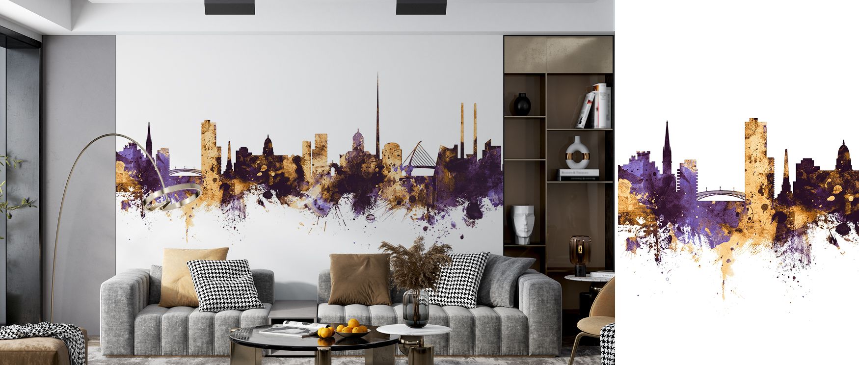 Dublin cityscape mural wallpaper rendered in regal purple and gold, suited for bedrooms, studies, or creative interiors. It creates stylish spaces enriched with decorative refinement, cultural charm, and metropolitan artistry, offering refined homes timel