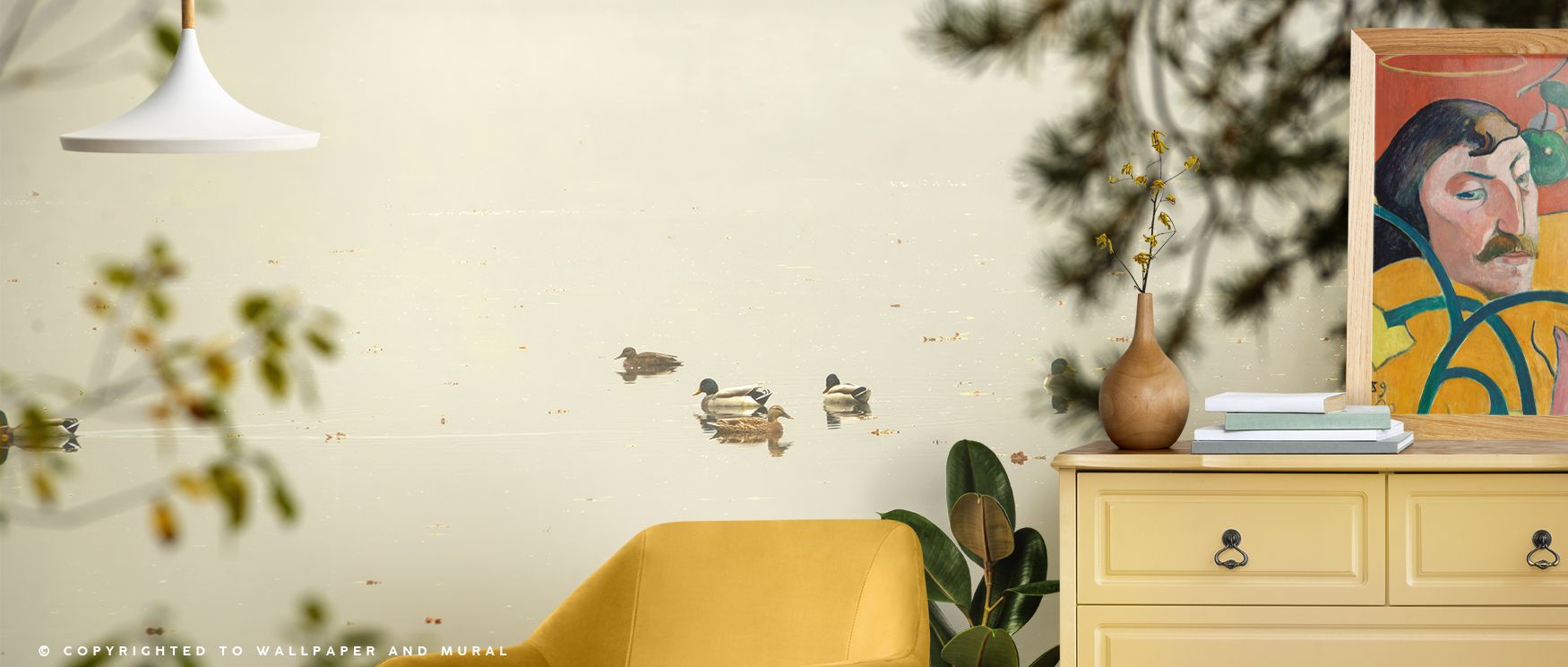 Ducks resting mural wallpaper designed in soft scenic tones, ideal for bedrooms, dining rooms, or lounges. It transforms interiors with decorative refinement, natural artistry, and tranquil charm, creating refined spaces enriched with peace and balance. 