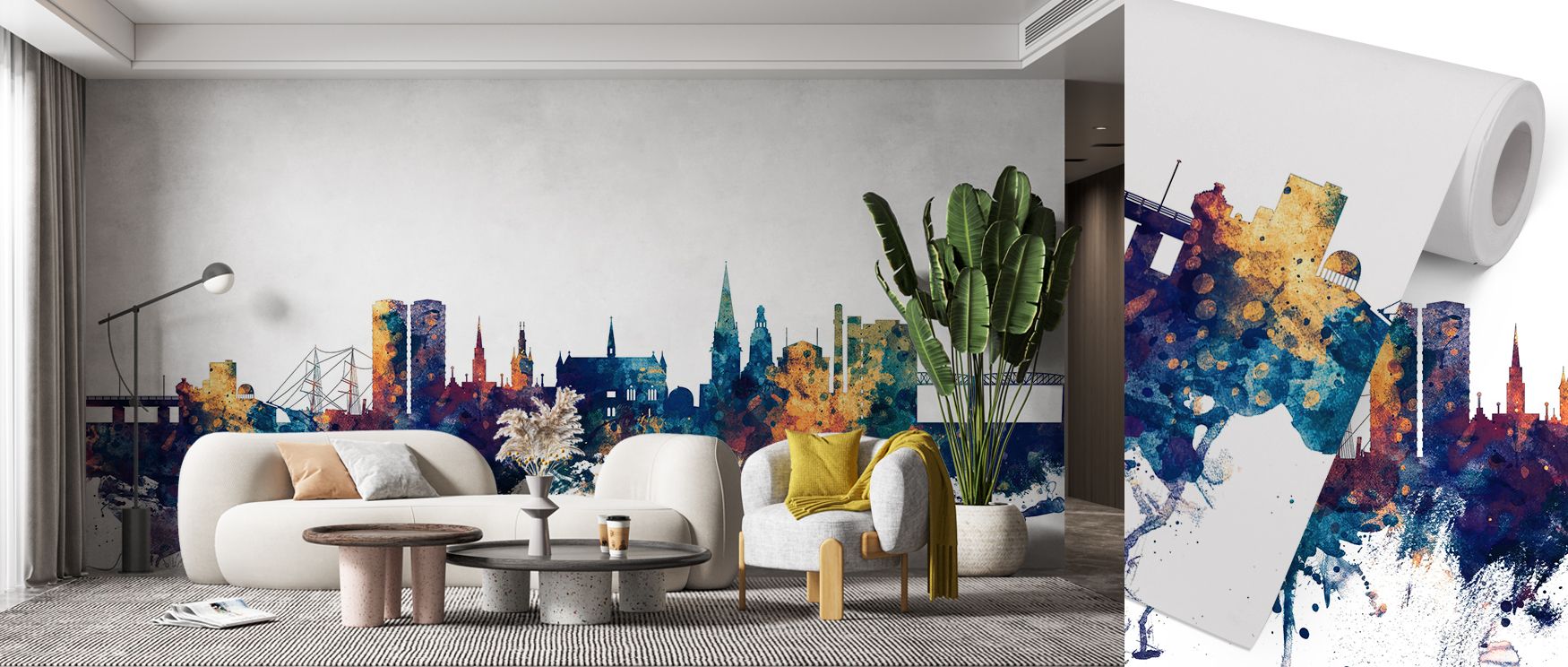 Artistic Dundee Scotland Skyline wallpaper print in blue and bronze shades designed for bedrooms, living rooms, or office decor, blending heritage cityscape details with elegant color contrasts to create a captivating focal point, adding layers of sophist