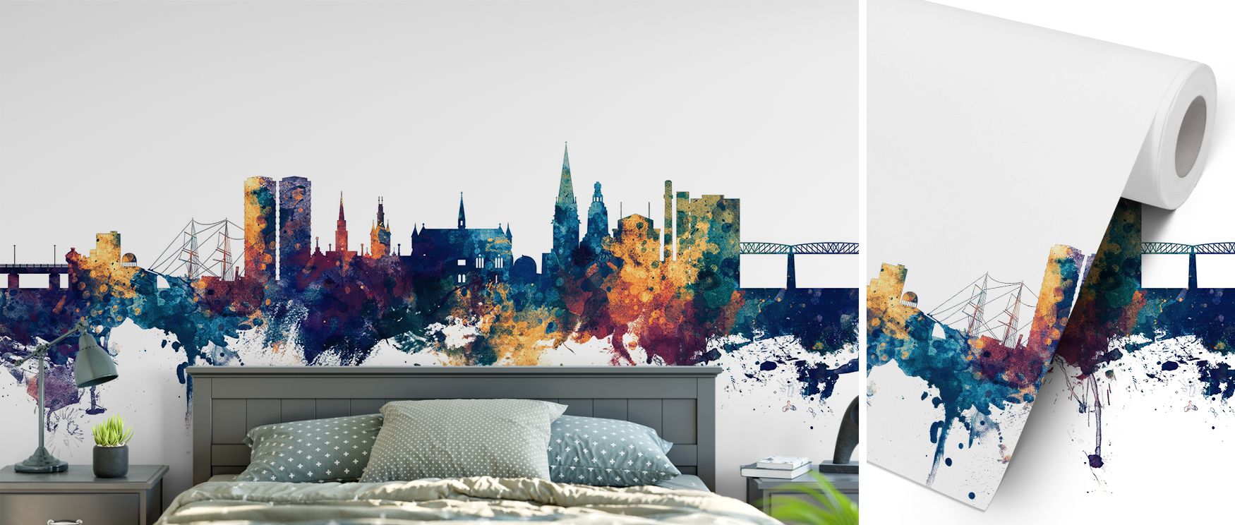 Blue and bronze Dundee cityscape wall covering showcasing iconic skyline details, designed to enrich bedrooms, offices, or living rooms with heritage-inspired charm, refined colors, and bold contemporary elegance, turning plain walls into striking stateme