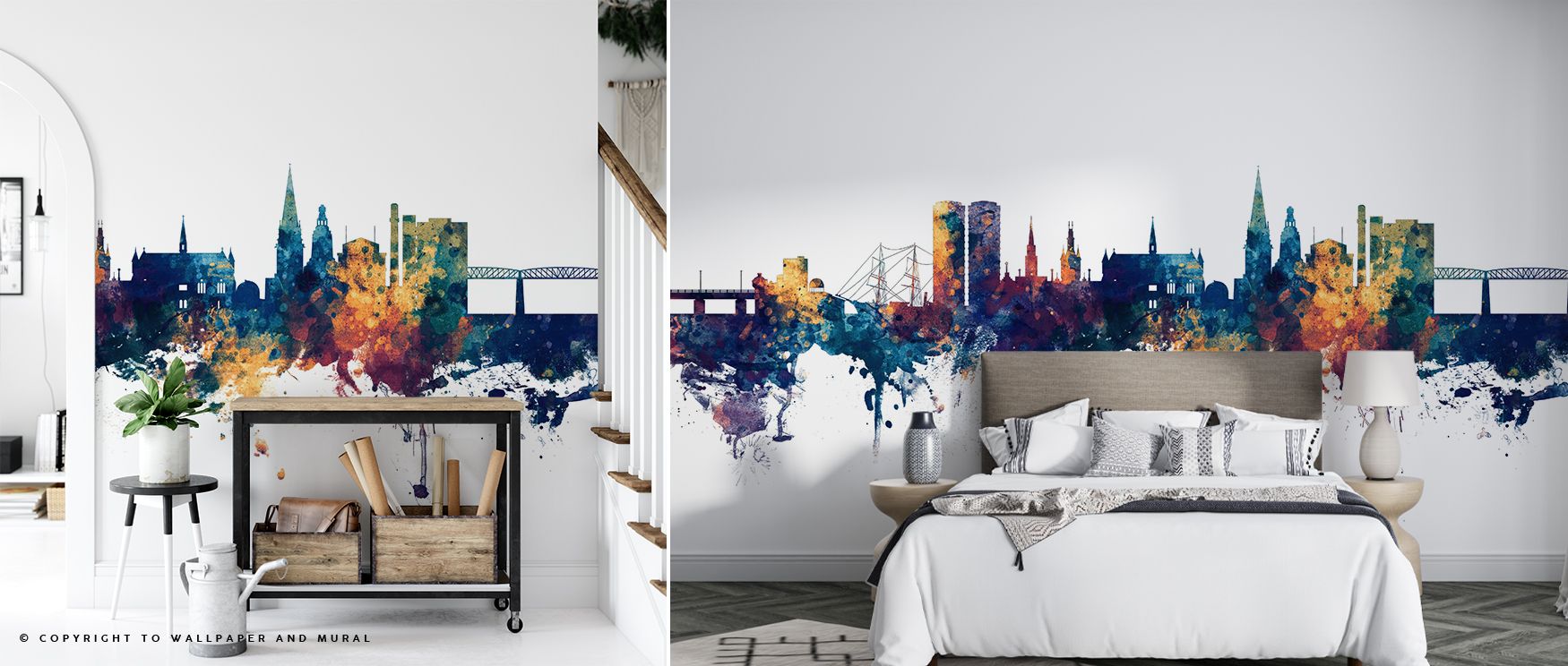Dundee skyline design in bold blue and bronze hues as removable wallpaper transforms plain walls into elegant tributes to Scotland’s heritage, perfect for stylish home interiors, bedrooms, and offices, evoking charm, architectural pride, and refined sophi