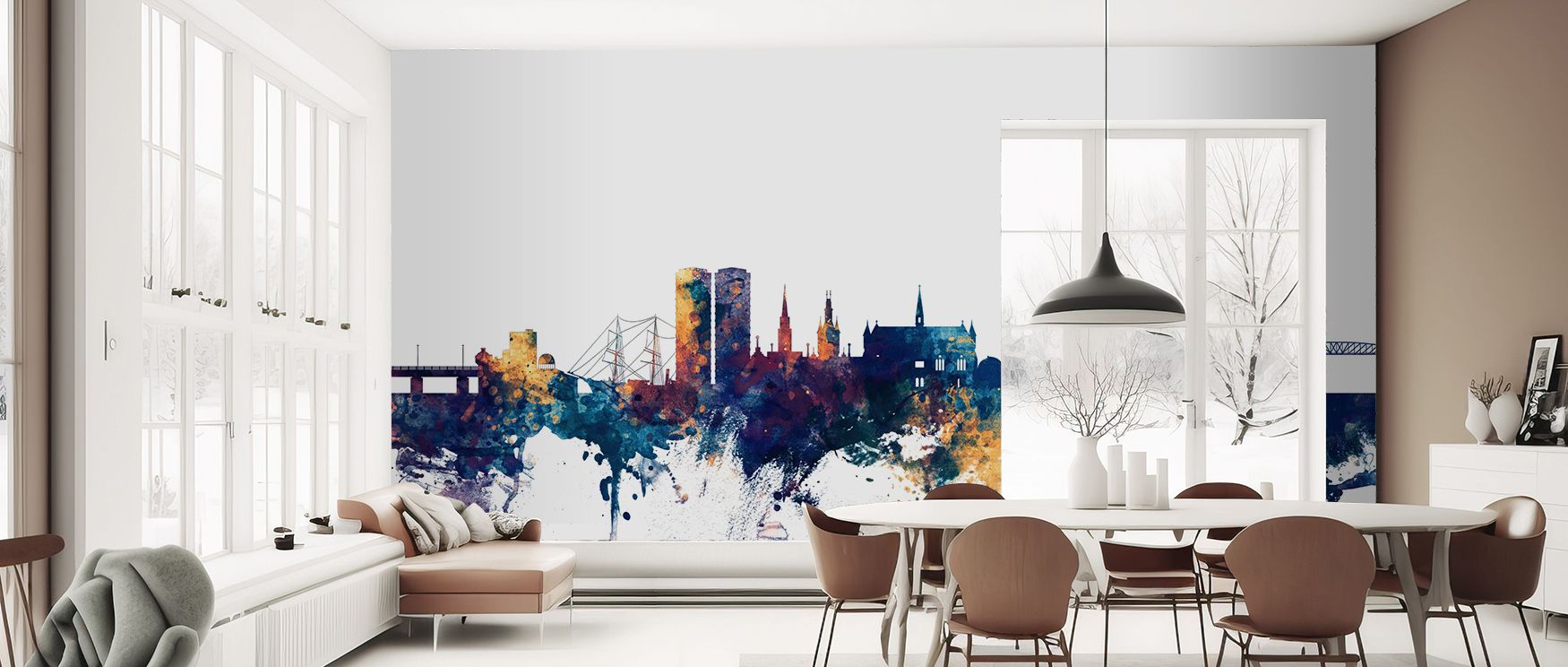 Dundee Scotland skyline pattern wallpaper brings Scottish charm to modern interiors with blue and bronze tones, blending cultural pride and contemporary elegance, ideal for living rooms, bedrooms, or offices seeking stylish, artistic, and heritage-rich wa