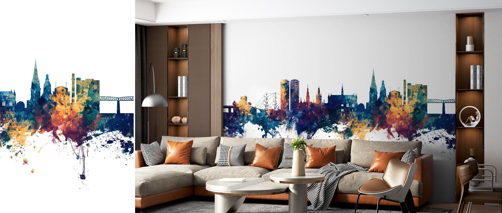 Dundee skyline removable wallpaper in shimmering bronze and blue hues offers a timeless tribute to Scotland’s cityscape, ideal for modern interiors, creating stylish, heritage-inspired design backdrops that add charm, depth, and elegance to bedrooms, livi