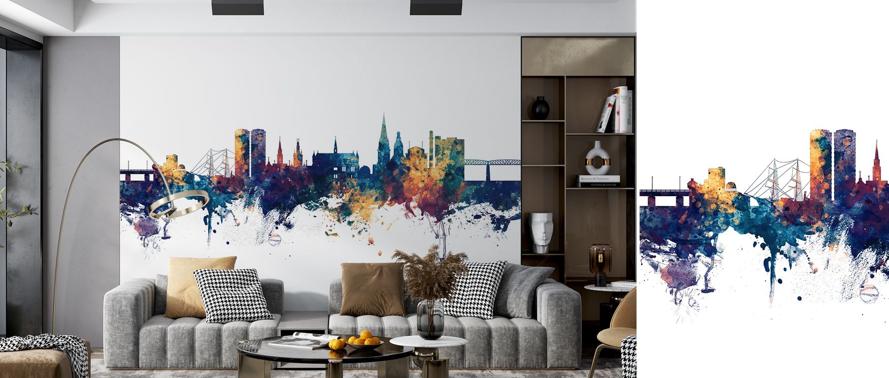 Scottish skyline design wall covering featuring Dundee’s architecture in blue and bronze transforms home or office interiors with heritage-inspired character, refined elegance, and timeless artistic impact, creating statement walls that enrich bedrooms, l
