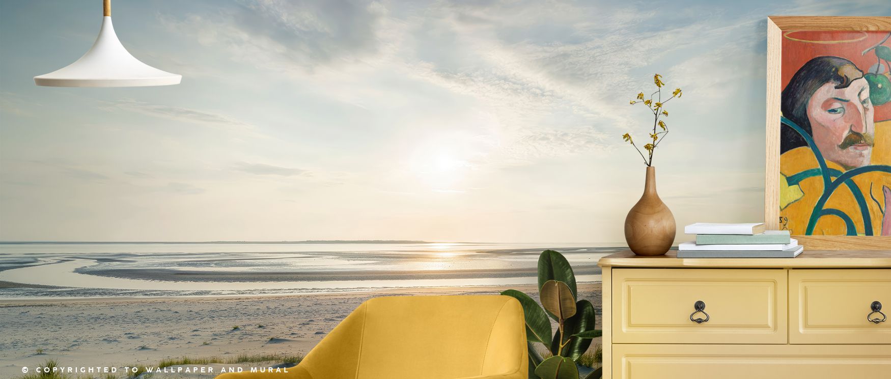 Scenic sunset wallpaper featuring dune beach horizons radiating orange and gold tones creates an atmosphere of serenity in bedrooms or lounges, transforming interiors with soothing imagery that reflects coastal landscapes and enriches homes with peaceful 