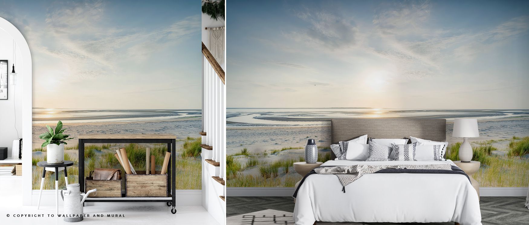 Dune beach sunset coastal wall covering with serene golden hues captures peaceful evening light, turning walls into tranquil retreats filled with warmth and calmness, ideal for bedrooms, living rooms, or relaxation spaces that celebrate nature’s beauty in