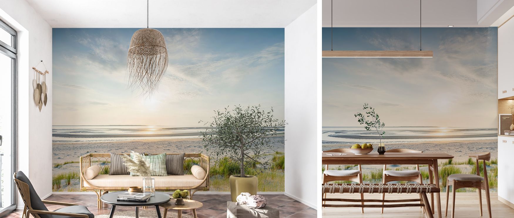 Sunset coastal wall design with dunes glowing under golden skies creates soft, calming ambiances, perfect for home interiors where tranquility is desired, offering peaceful visual retreats for bedrooms or living rooms with soothing natural beauty and warm