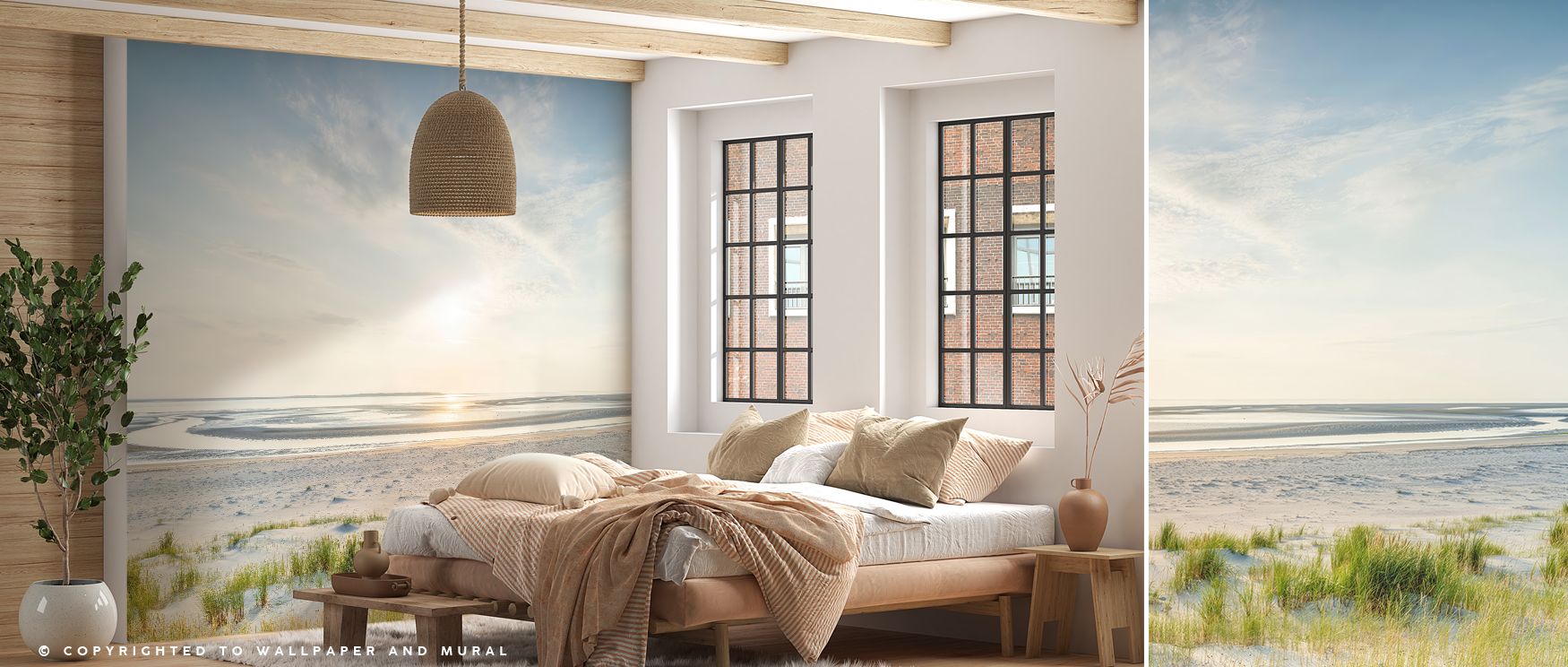 Beach sunset wallpaper design featuring glowing dune landscapes turns interiors into serene retreats, blending golden hues and tranquil scenes for relaxation-oriented spaces, ideal for bedrooms, living rooms, or coastal-inspired home decor with inviting, 