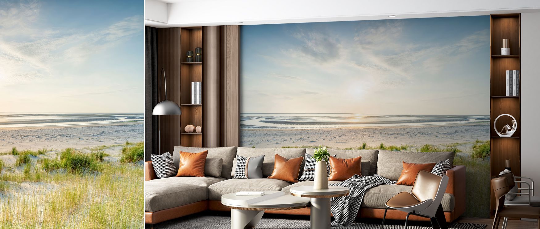 Tranquil dune beach mural in sunset tones captures soft sands and glowing skies, perfect for creating restful environments, enhancing bedrooms or lounges with natural beauty, warm light, and soothing imagery that celebrates the calm essence of coastal eve
