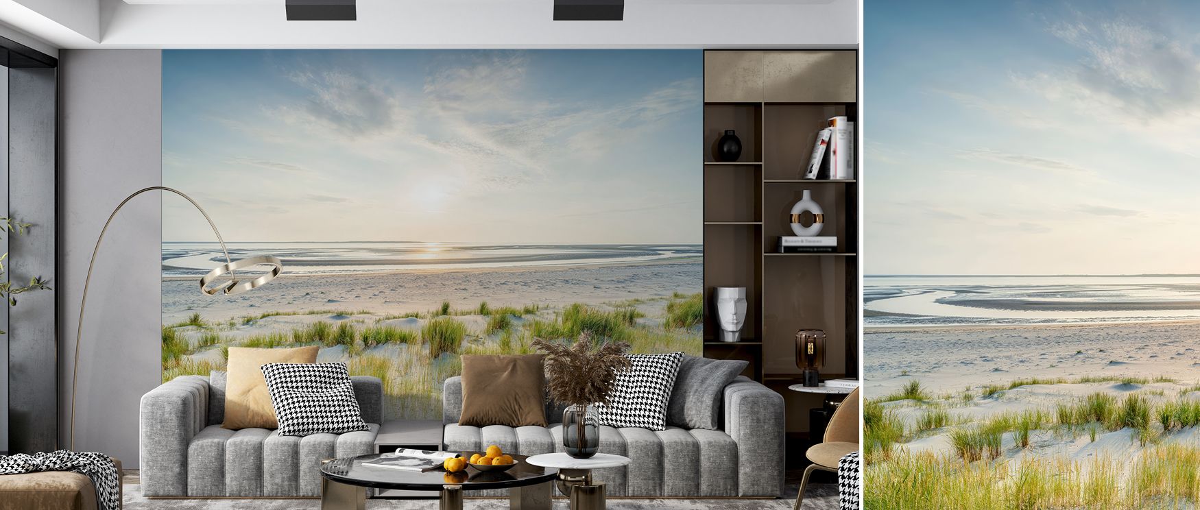 Coastal sunset wallpaper design with tranquil dune scenery in warm tones transforms bedrooms or living rooms into retreats of peace, balancing golden skies with sandy textures, enhancing home decor with calming natural landscapes and serene style. 