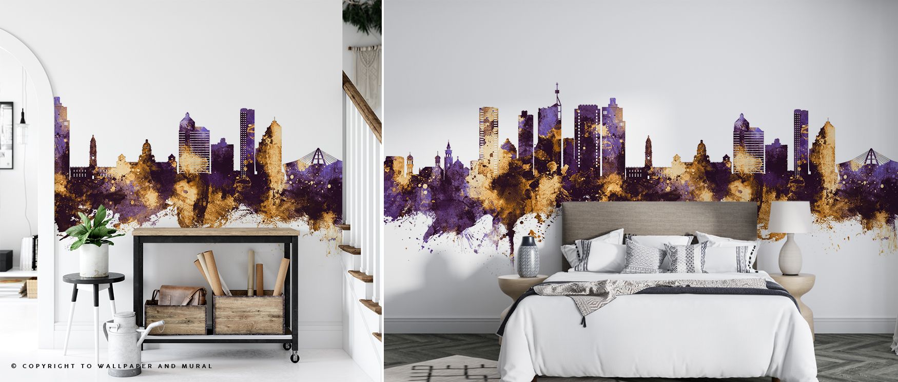 Purple and gold Durban skyline wallpaper adds bold elegance to interiors, creating vibrant walls in bedrooms or lounges that celebrate cultural richness and modern artistic design, ideal for striking home decor with global influence. 