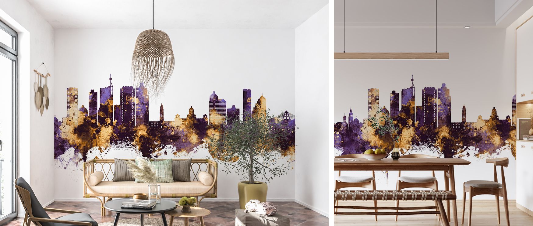 Durban skyline removable wall covering in shimmering purple and gold captures cultural identity with bold artistry, transforming bedrooms, living rooms, or workspaces into stylish interiors filled with energy, sophistication, and visual charm. 