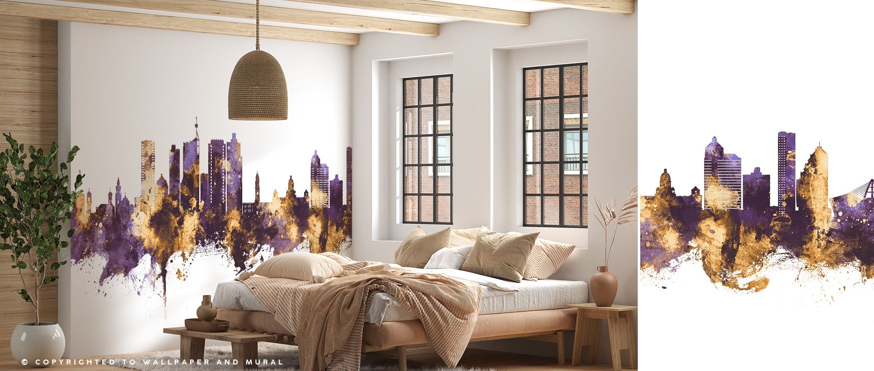 Durban skyline cityscape design in purple and gold tones offers striking artistic decor perfect for modern interiors, enriching bedrooms, lounges, or offices with bold elegance, cultural pride, and dynamic visual atmosphere that elevates everyday spaces. 