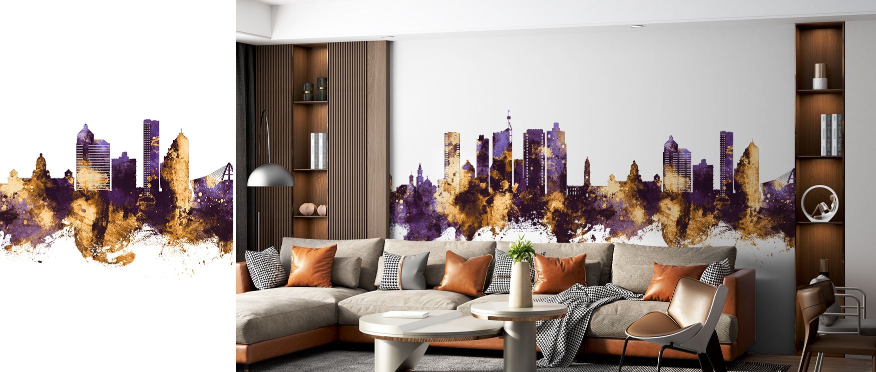 South African skyline wallpaper featuring Durban’s cityscape in radiant purple and gold hues creates stylish, energetic interiors, ideal for home or office walls seeking bold artistry and global cultural inspiration in decor. 