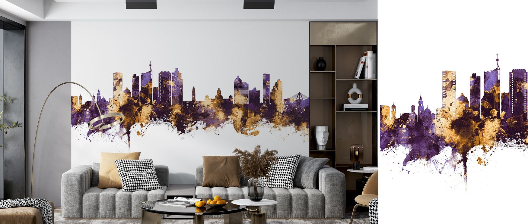 Purple and gold city skyline wall design showcasing Durban’s architecture creates vibrant, eye-catching interiors filled with sophistication and cultural richness, suitable for bedrooms, offices, or living rooms with stylish decor. 