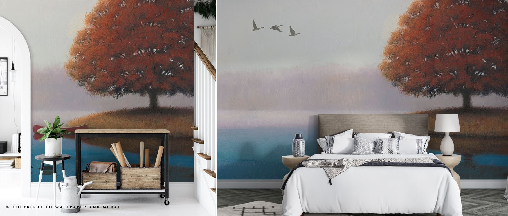Landscape wallpaper design capturing tranquil morning light across serene scenery creates soothing wall backdrops for home interiors, perfect for bedrooms or lounges seeking peaceful environments filled with calm natural charm and harmony. 