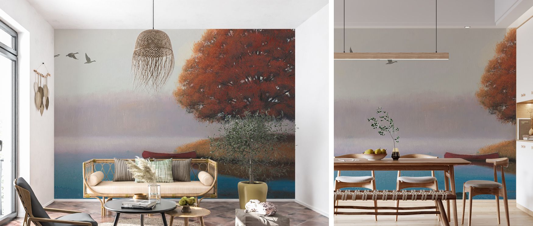 Serene morning landscape wall covering with delicate light and muted tones enhances interiors with peaceful atmosphere, turning bedrooms, kitchens, or living spaces into retreats of relaxation and soft visual beauty inspired by dawn. 
