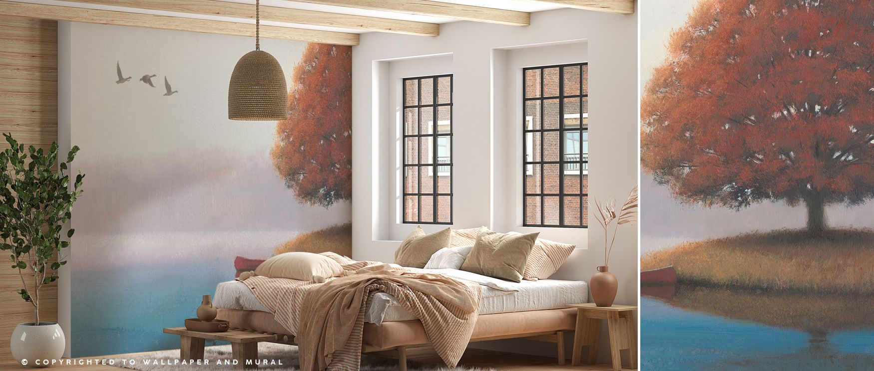 Gentle early morning hues in landscape wallpaper mural enrich bedrooms or living rooms with calming natural charm, offering subtle visual serenity that balances interiors with peace, tranquility, and soothing inspiration from nature. 
