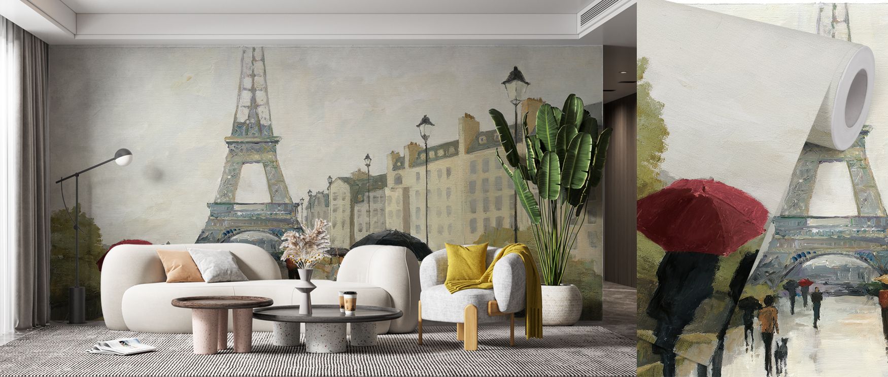 Paris wallpaper featuring Eiffel Tower on rainy day with warm Marsala umbrella adds elegance and intimacy to bedrooms or lounges, offering romantic wall decor filled with charm and moody artistic atmosphere. 