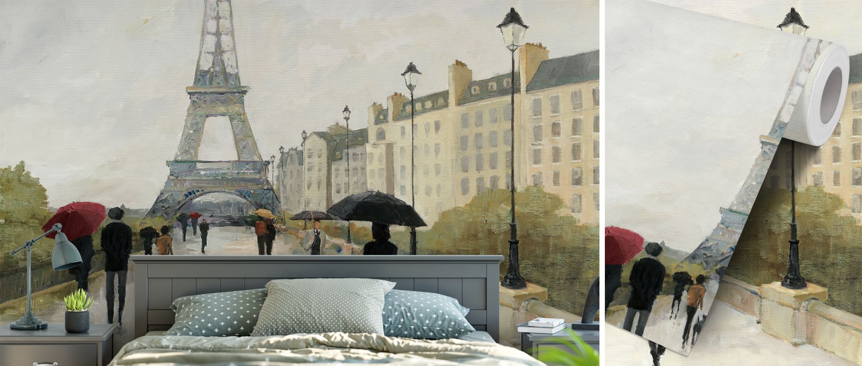 Eiffel in the rain wallpaper mural showcasing moody skies and iconic tower imagery enriched by Marsala umbrella transforms interiors with Parisian elegance, perfect for creating romantic living spaces filled with charm and artistic sophistication. 