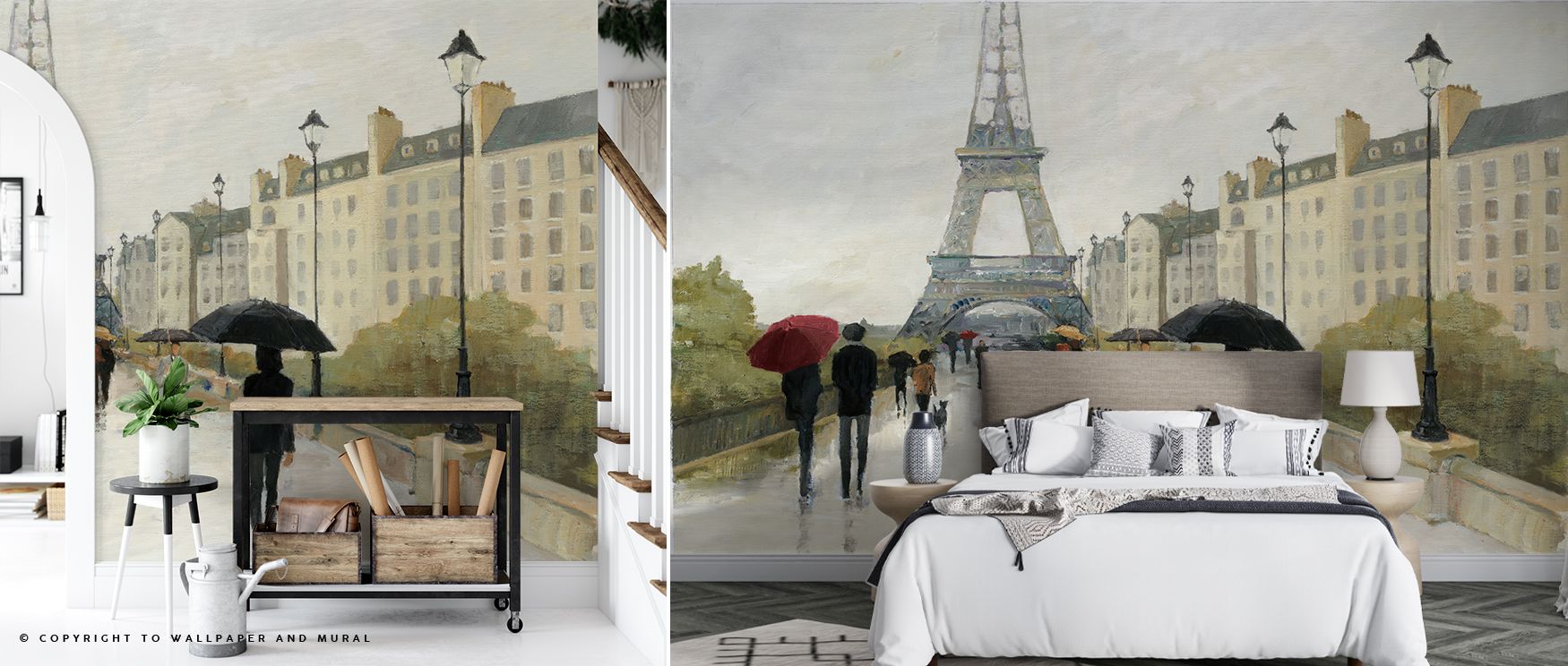 Eiffel Tower in the rain wallpaper mural with Marsala umbrella enriches interiors with romantic Parisian artistry, perfect for bedrooms or living rooms seeking stylish wall designs that capture charm and timeless beauty. 