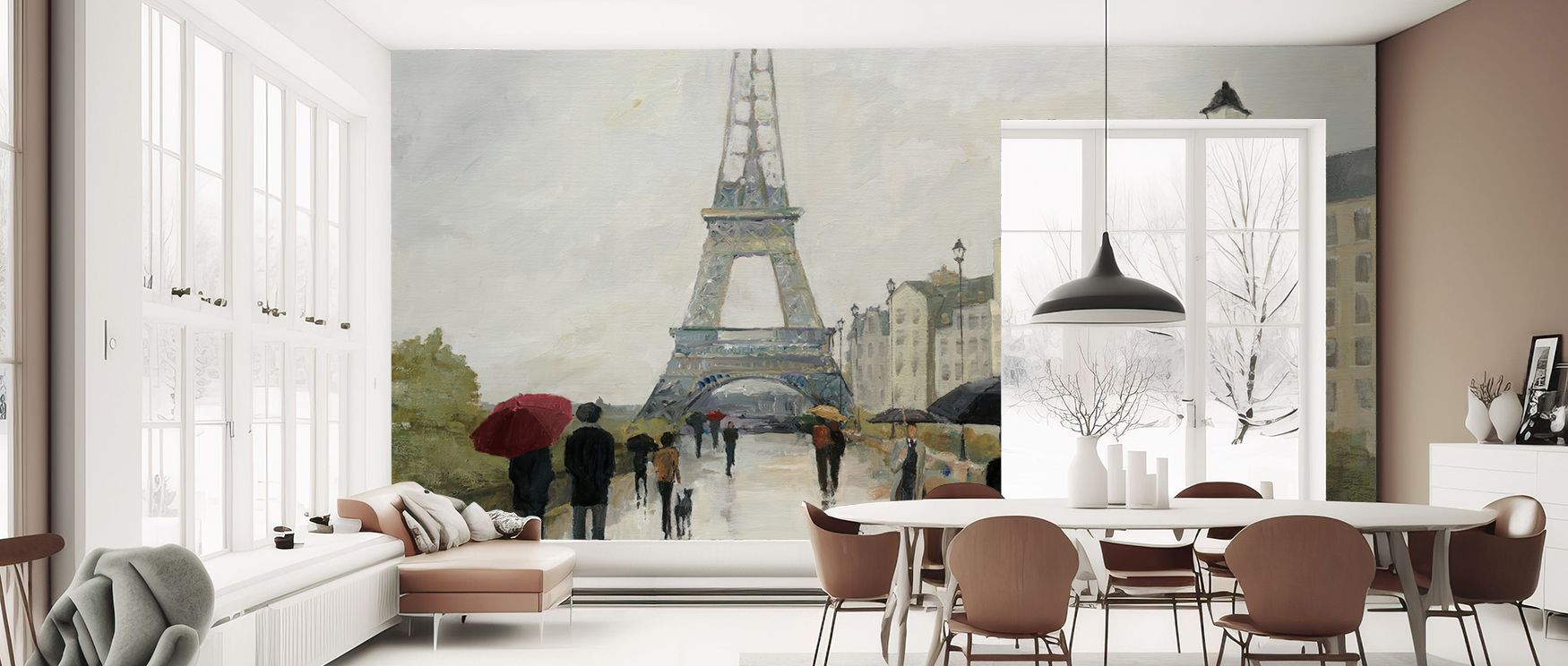 Eiffel Tower wall mural with rain scene and Marsala umbrella enhances interiors with romantic Parisian elegance, creating stylish backdrops filled with beauty and timeless charm. 