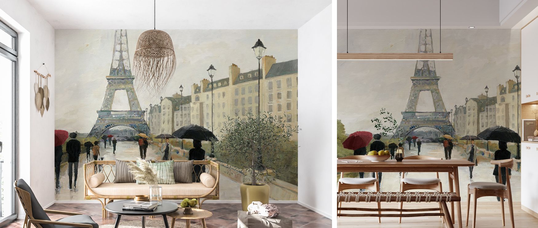 Parisian romance wallpaper design featuring Eiffel Tower in rain with striking umbrella transforms home interiors with elegant charm, creating stylish backdrops for modern or traditional decor infused with love and beauty. 