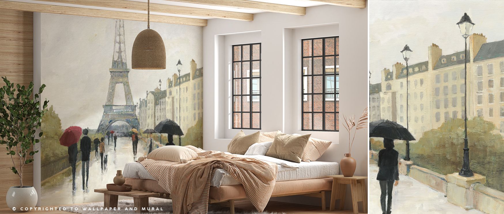 Romantic Eiffel wallpaper mural in moody rain scene with Marsala umbrella creates intimate wall backdrops for bedrooms, living rooms, or lounges filled with Parisian elegance and artistic charm. 