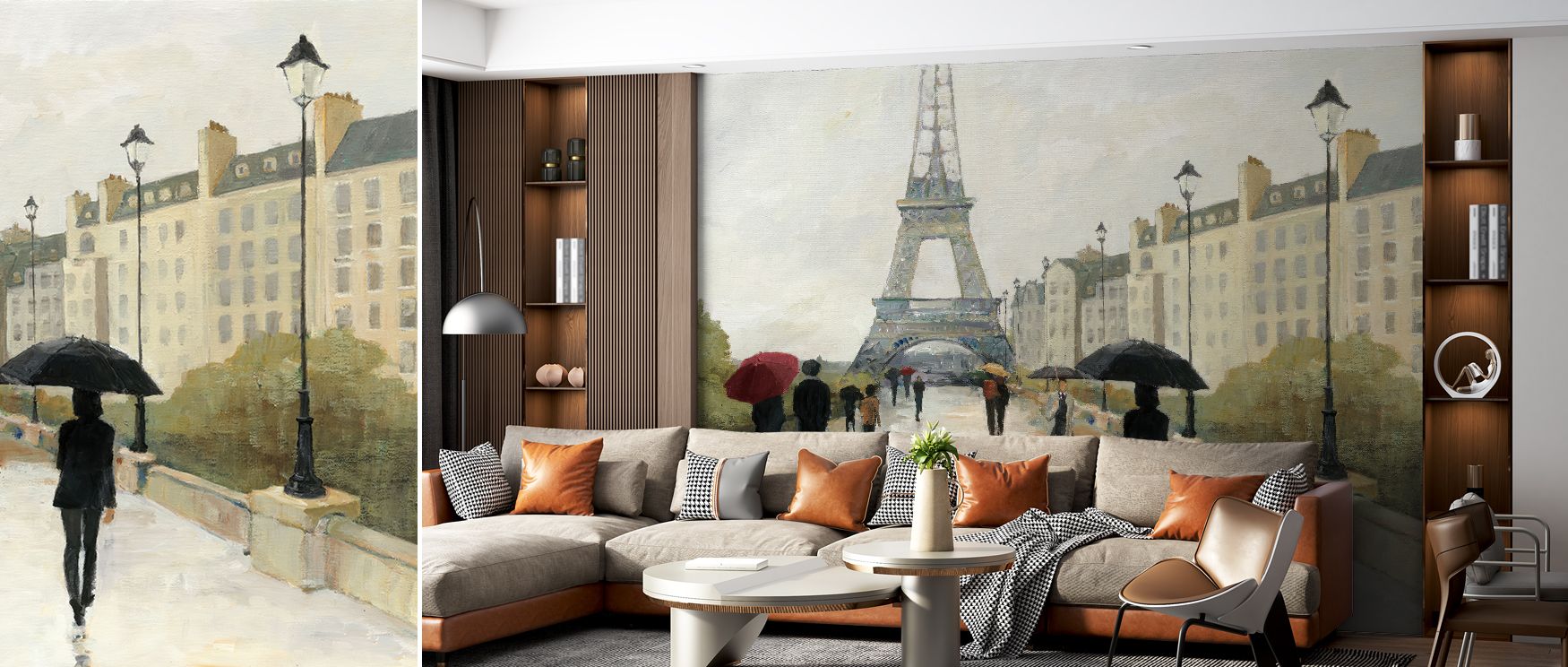 Rainy Eiffel Tower wallpaper mural featuring Marsala umbrella captures timeless Parisian charm, transforming interiors with romantic ambiance, ideal for stylish bedrooms, living spaces, or lounges filled with elegance. 