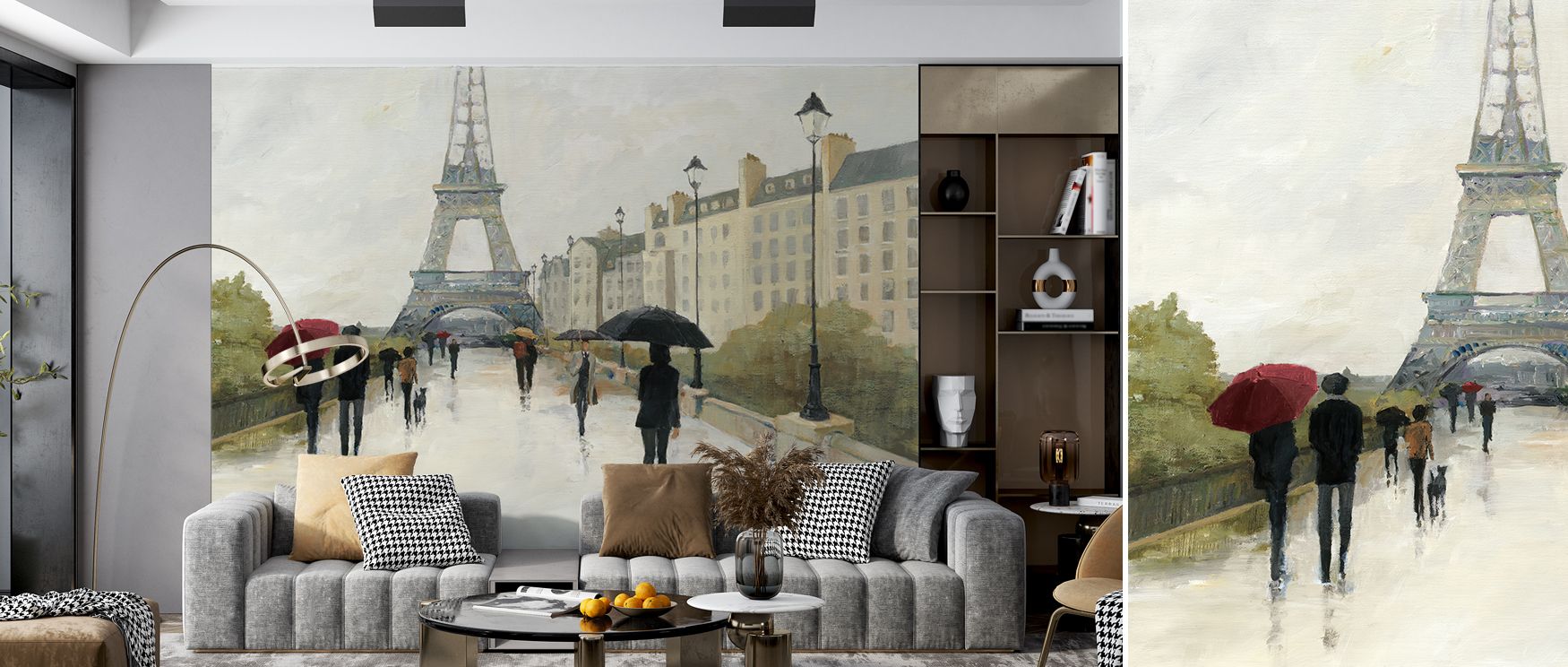Romantic Paris wallpaper design with Eiffel Tower, rain, and umbrella enriches walls with beauty and intimacy, creating sophisticated atmospheres perfect for bedrooms or living rooms that celebrate Parisian artistry. 