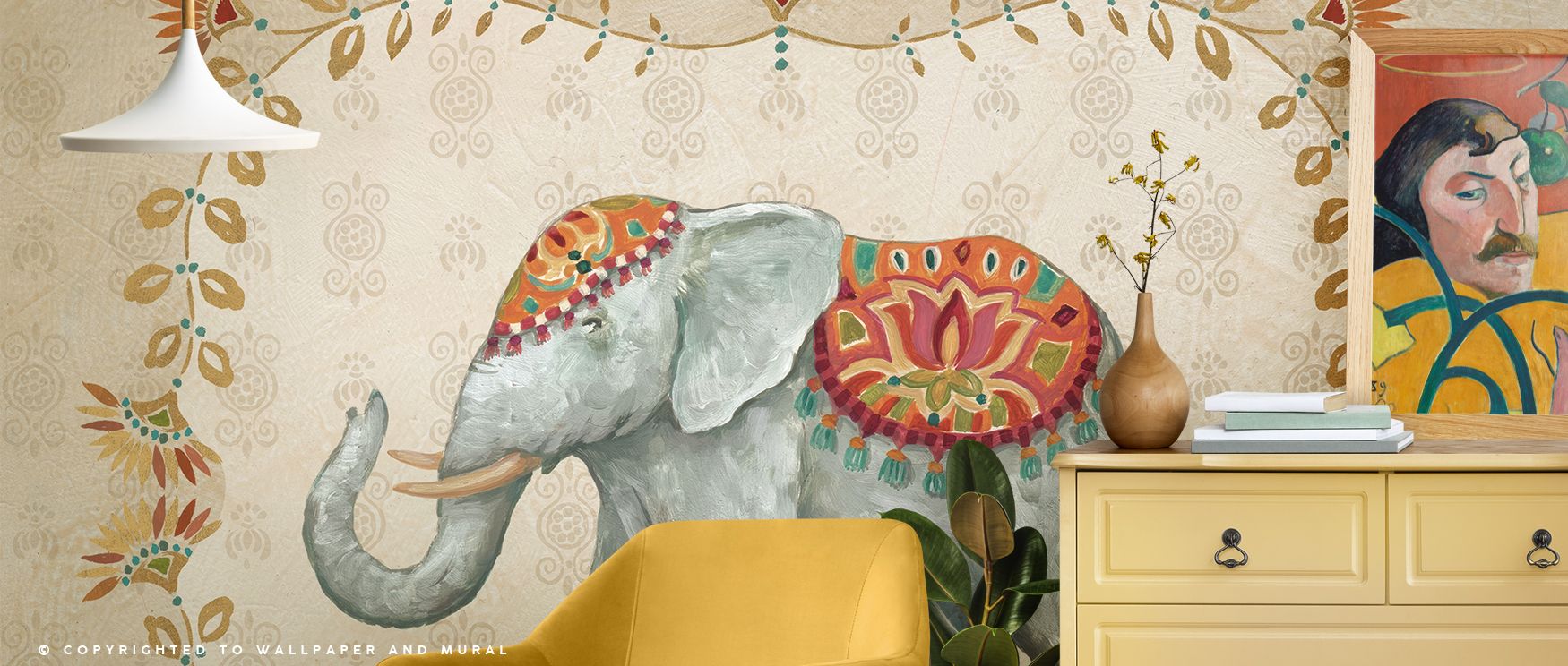 Elephant design tapestry wallpaper mural adds cultural vibrancy and artistic heritage to interiors, enriching bedrooms or lounges with traditional Indian elegance and beauty. 