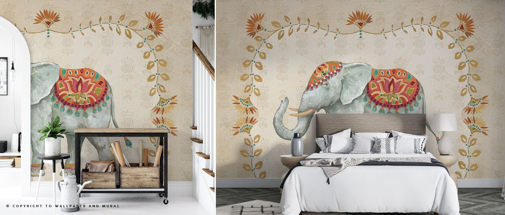 Indian elephant tapestry design wallpaper showcasing intricate artistry and bold details enhances interiors with heritage-inspired charm, perfect for stylish bedrooms or living rooms. 