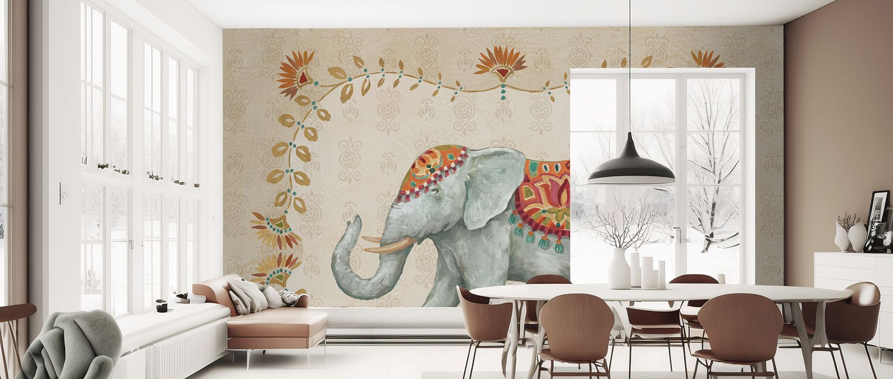 Elephant tapestry-inspired wallpaper mural enriches interiors with traditional Indian artistry, offering bold, vibrant wall decor perfect for bedrooms, living rooms, or lounges. 