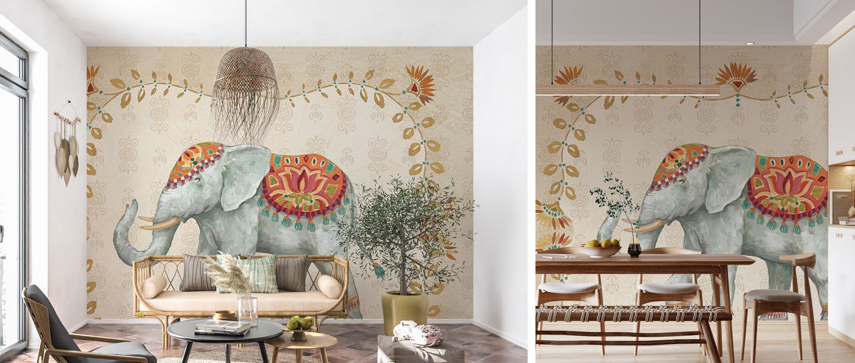 Indian elephant wall mural featuring detailed tapestry motifs transforms home interiors with cultural richness and exotic artistry, perfect for bedrooms or living spaces. 