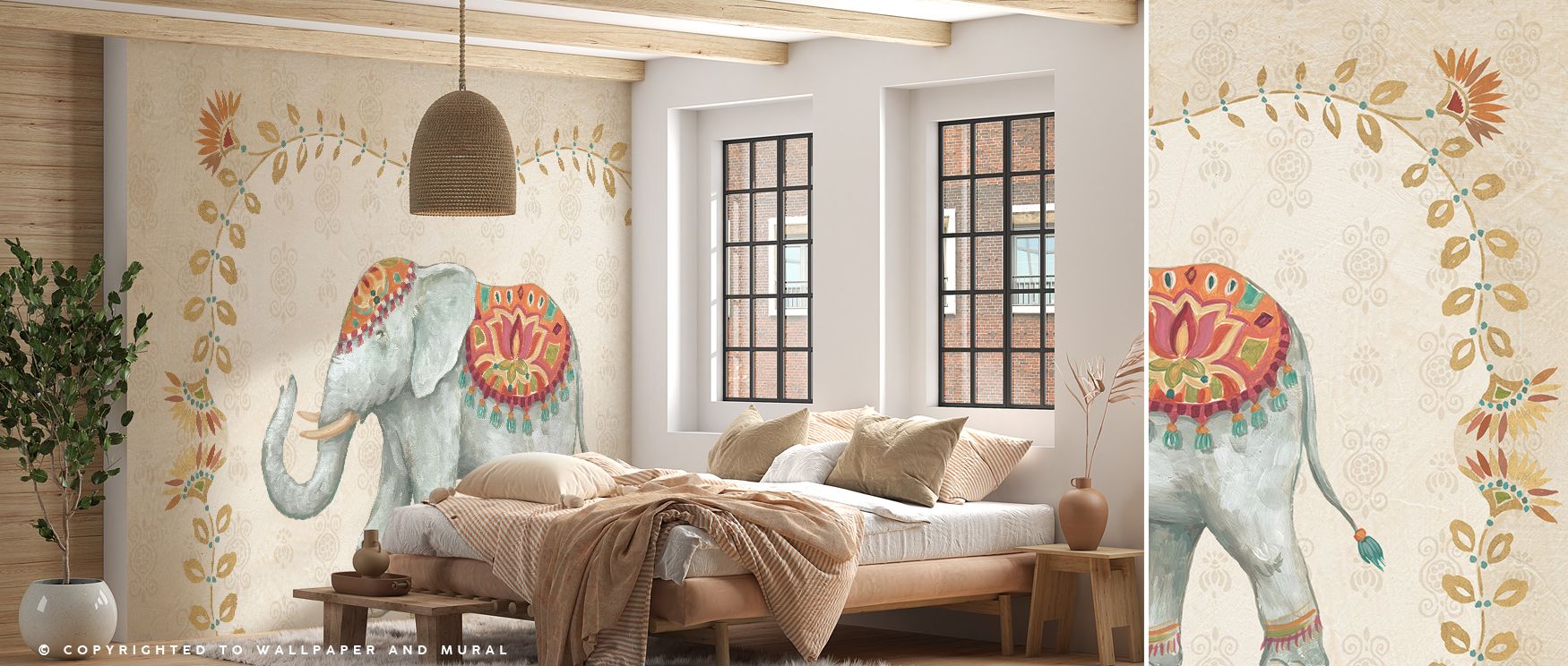 Tapestry-style wallpaper with Indian elephants and intricate patterns creates bold, heritage-inspired interiors filled with cultural charm and elegance. 