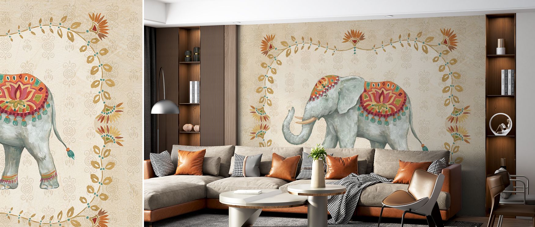 Elephant design wallpaper mural inspired by Indian tapestries enriches interiors with traditional artistry and exotic vibrancy, turning bedrooms or living rooms into cultural sanctuaries. 