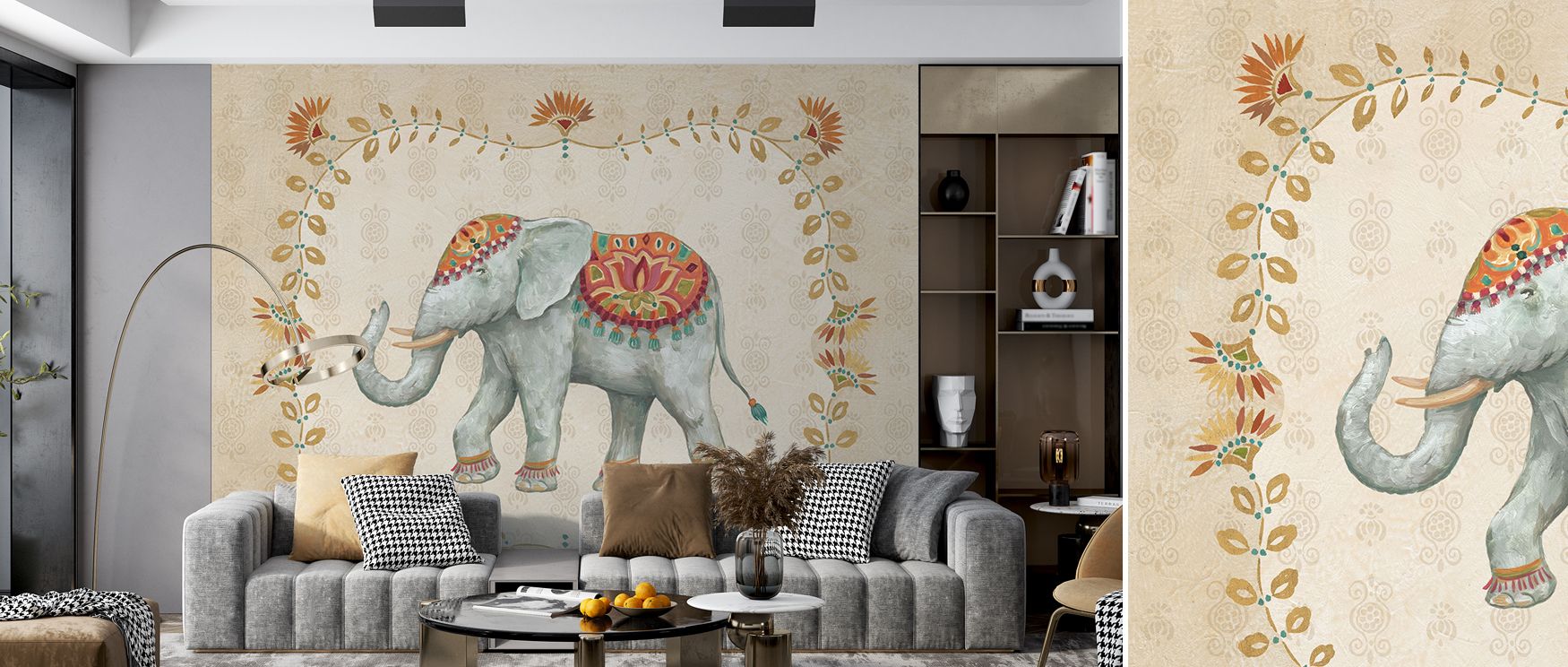 Indian elephant motif wallpaper mural with intricate designs adds exotic artistry and traditional charm to interiors, creating stylish bedrooms or lounges enriched with cultural elegance. 