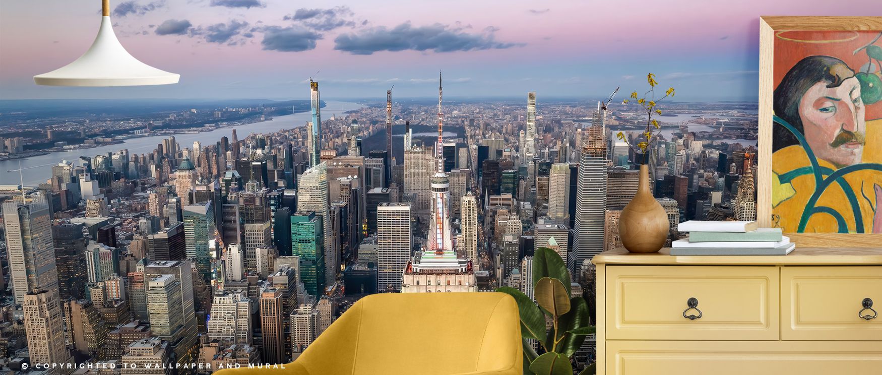 NYC Empire State wallpaper design adds architectural grandeur and urban vibrancy to interiors, transforming living rooms or workspaces into sophisticated spaces filled with character. 