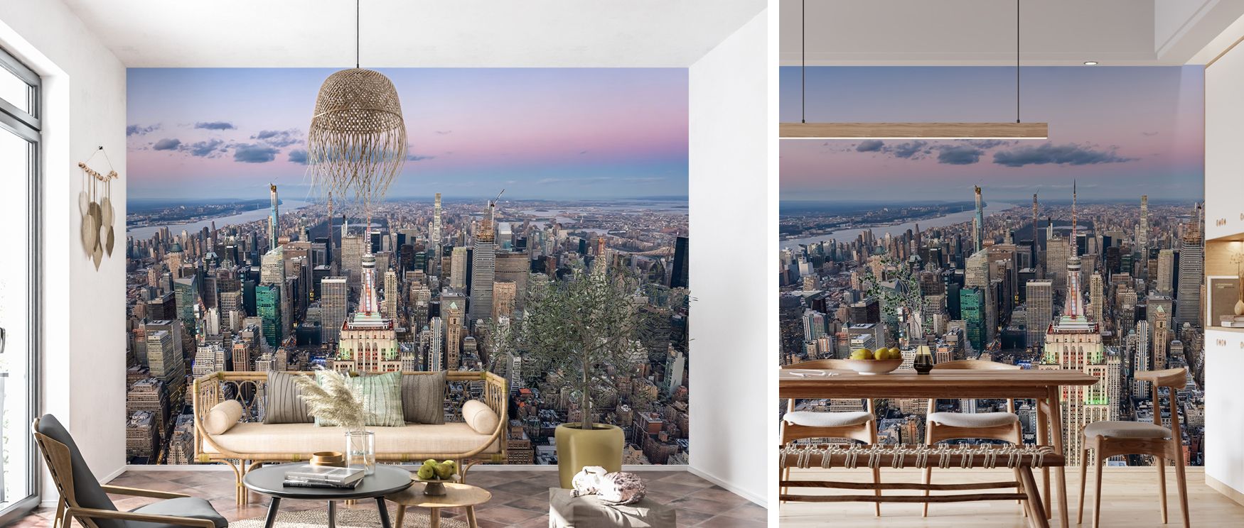 Empire State Building wall mural depicting iconic New York skyline enriches interiors with bold urban artistry, creating stylish atmospheres in home or office settings. 