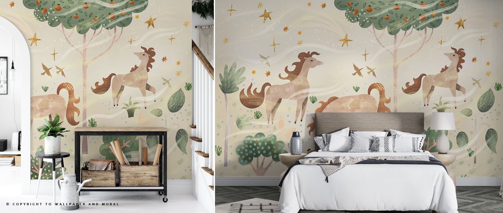 Soft tones of ecru combine with delicate horse illustrations to create a serene wallpaper design that evokes warmth and charm in bedrooms or nurseries. This enchanting artwork adds sophistication while maintaining whimsy, making interiors feel magical, ca